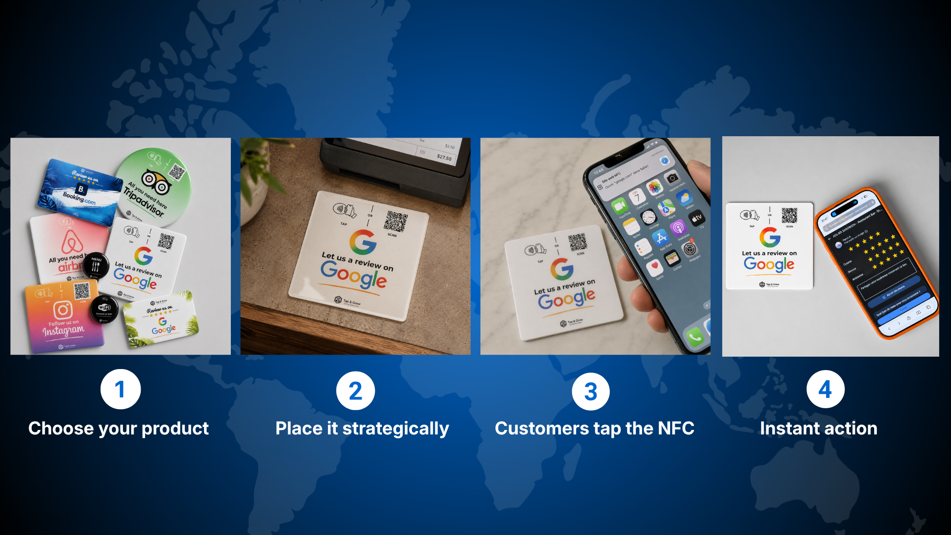 Four steps showing how Tap & Grow NFC products work